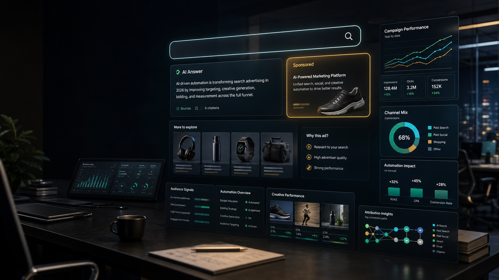 AI search advertising command center with sponsored answer cards, campaign charts, and automation signals