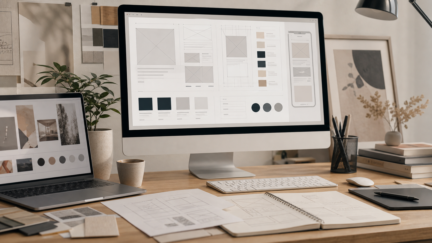 Premium website design planning workspace with wireframes and style system